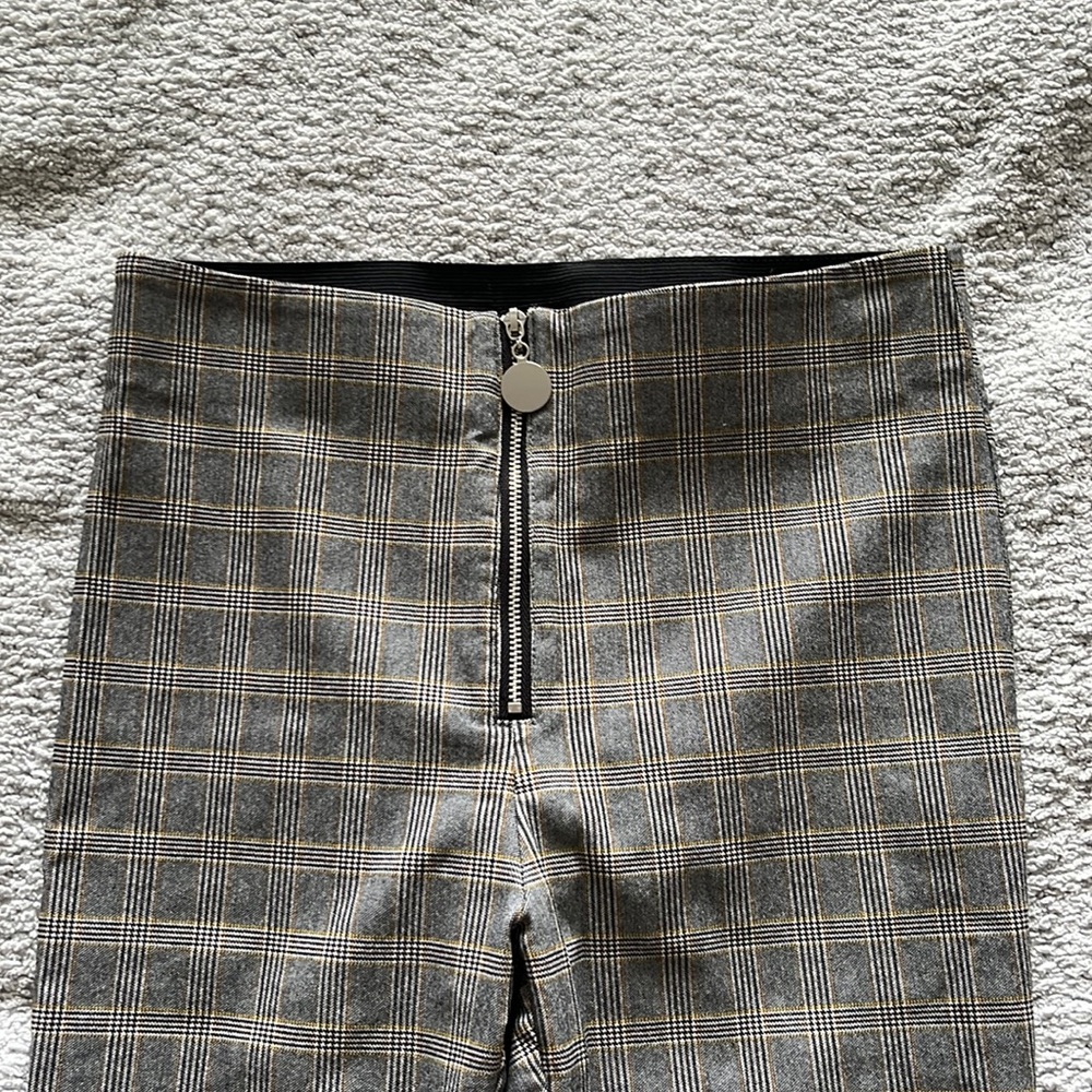 Zara Gray Plaid High-Waist Pants with Front Zip